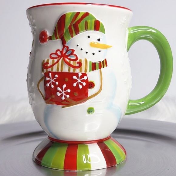 NWOT Bundle Pier 1 Mugs 3D Reindeer Jingle Bell Polka Dot & Gift Giving Snowman - Picture 3 of 8